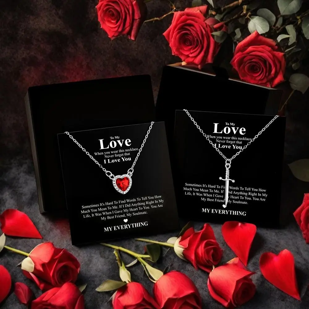 Valentine's Day Gift for Her: Arrow Through Heart Necklace, Light Luxury Crystal Zircon Heart Dagger Pendant Jewelry with Greeting Card & Gift Box - For Wife, Girlfriend, Lover， Anniversary Birthday Proposal Gift Set with Card & Box (2 Pcs) tiktokshopspri