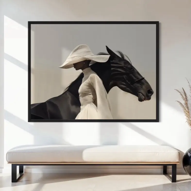 Lolabsart Original Art Home Decor Canvas Print Black Woman and Horse Artistic Wall Minimalist 24x36 Inches Framed African Heritage Equestrian