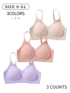 3 Pack / 5 colors, Minimalist seamless fit jelly women's underwear bra with hook-and-eye closure, adjustable straps, underwire support, gathers and enhances back beauty XS-XL Comfortable, skin-friendly, soft, daily casual sports