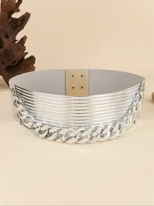 Fashionable and versatile leather belt with elastic elastic waistband, wide PU and thick chain waist decoration, street fashion party clothing, bridal accessories and dressing up Adjustable Elastic Belt Waistband Buckle