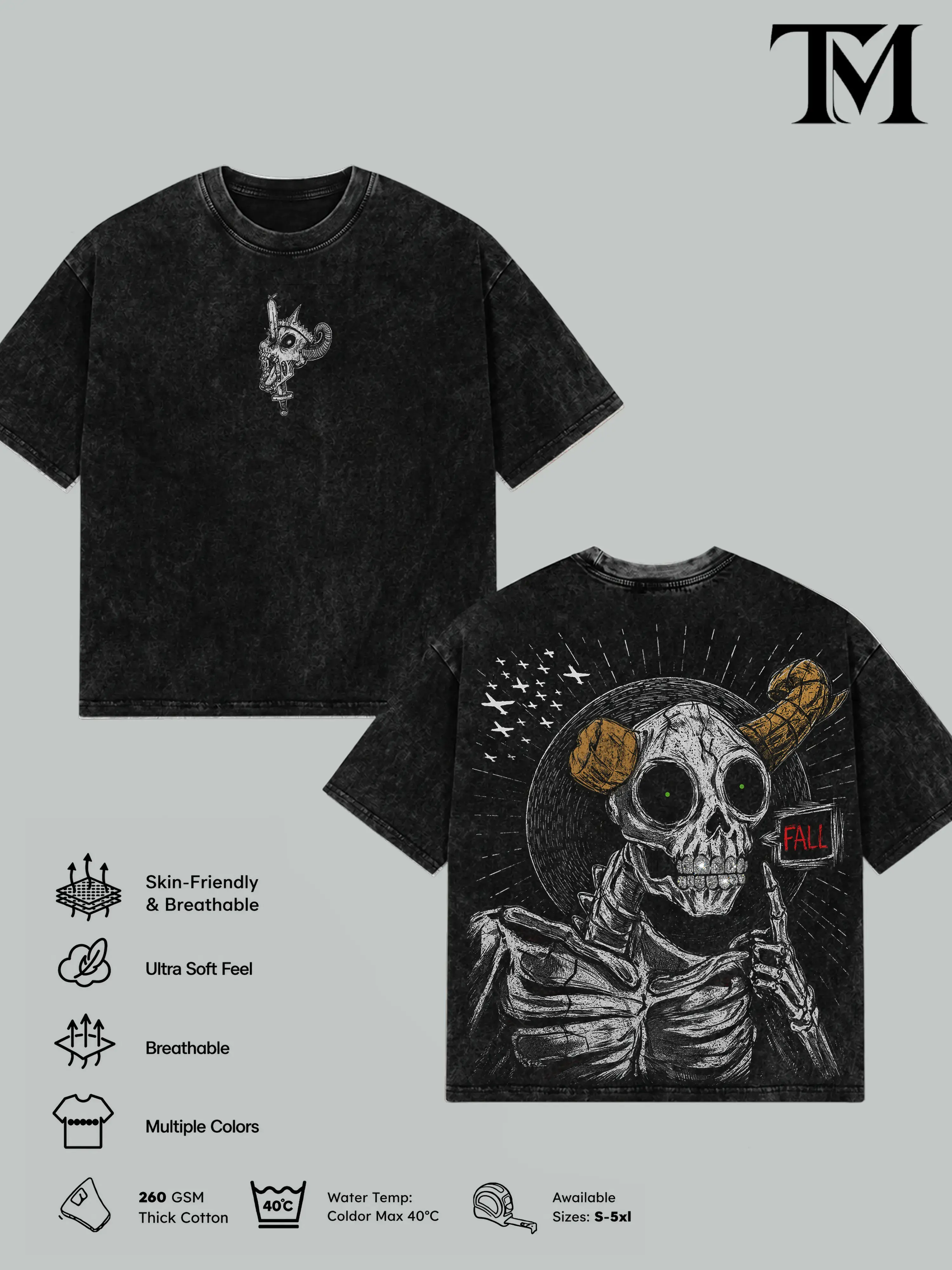 Men's Short-Sleeve Vintage Washed Oversized Lich Adventure Time T-Shirt - Heavyweight Cotton, Double-Printed Dark Fantasy Graphic, Retro Gothic Streetwear, Unisex Fan Merch Gift Menswear Top Tshirt Tropical Casual Crewneck