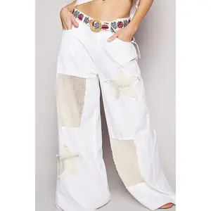 POL Raw Hem Star Patch Wide Leg Pants