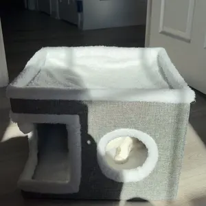 Cat Houses for Indoor Cats - Large Cat Bed Cave with Scratch Pad and Fluffy Ball, Foldable Cat Condo Hideaway with Reversible Cushion for Multi Small Pet, Dark Grey apartment,Easter