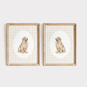 Golden Retriever Nursery Decor Print Set 2, Baby Girl Neutral Gingham Wall Prints, Room Decor, Unframed 5 size, 8x12 to 27x40 inch