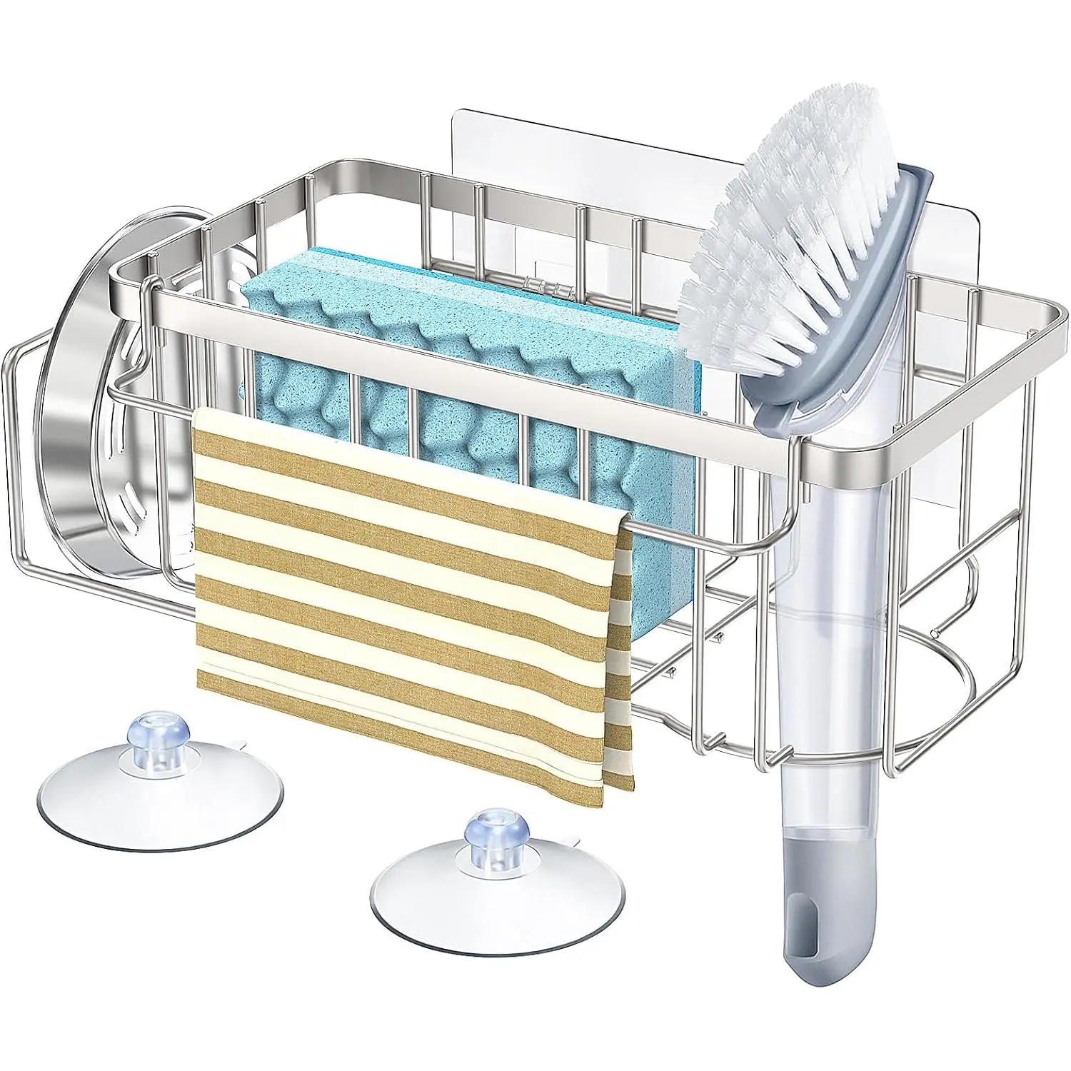 4-in-1 Sponge Holder for Kitchen Sink, Kitchen Sink Organizers and Storage with Adhesive Hook & Suction Cups, Rustproof Sink ,