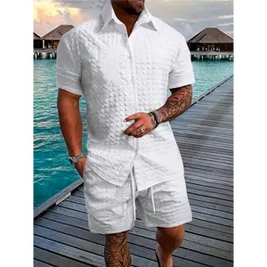 2-Piece Men's Solid Color Summer Outfit, Breathable Comfy Drawstring Shorts Set, Stylish Button Up Shirt