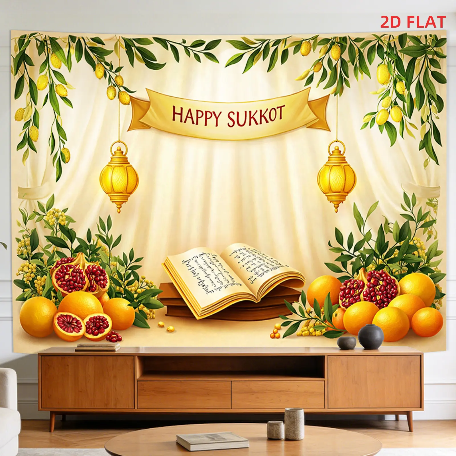 2D Flat - 2D Flat - [2D Plane Printing] Large Size/Small Size Pattern Printed Tapestry - Happy Sukkot, Pomegranates, Lemons, Etrogs, Lanterns, Room Wall Decoration, Non-Luminous, Suitable for Living Room, Meditation, Office, Party Decor