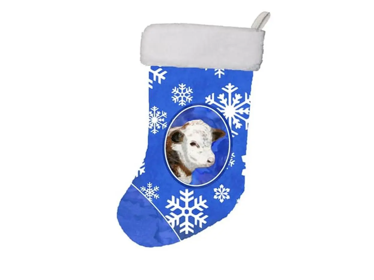 Carolines Treasures SB3144-CS Soft Suede Hangable Machine Washable Christmas Stocking, 11x8 In, with Baby Calf & Winter Snowflakes Artwork for Holiday Festive Decorations, Baby Calf Winter Snowflakes Holiday
