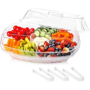Fruit Ice Serving Tray, Chilled Veggie Tray, Shrimp Cocktail Serving Dish, Appetizer Serving Platter for Parties, with Lid and 4 Compartments Container Kitchen