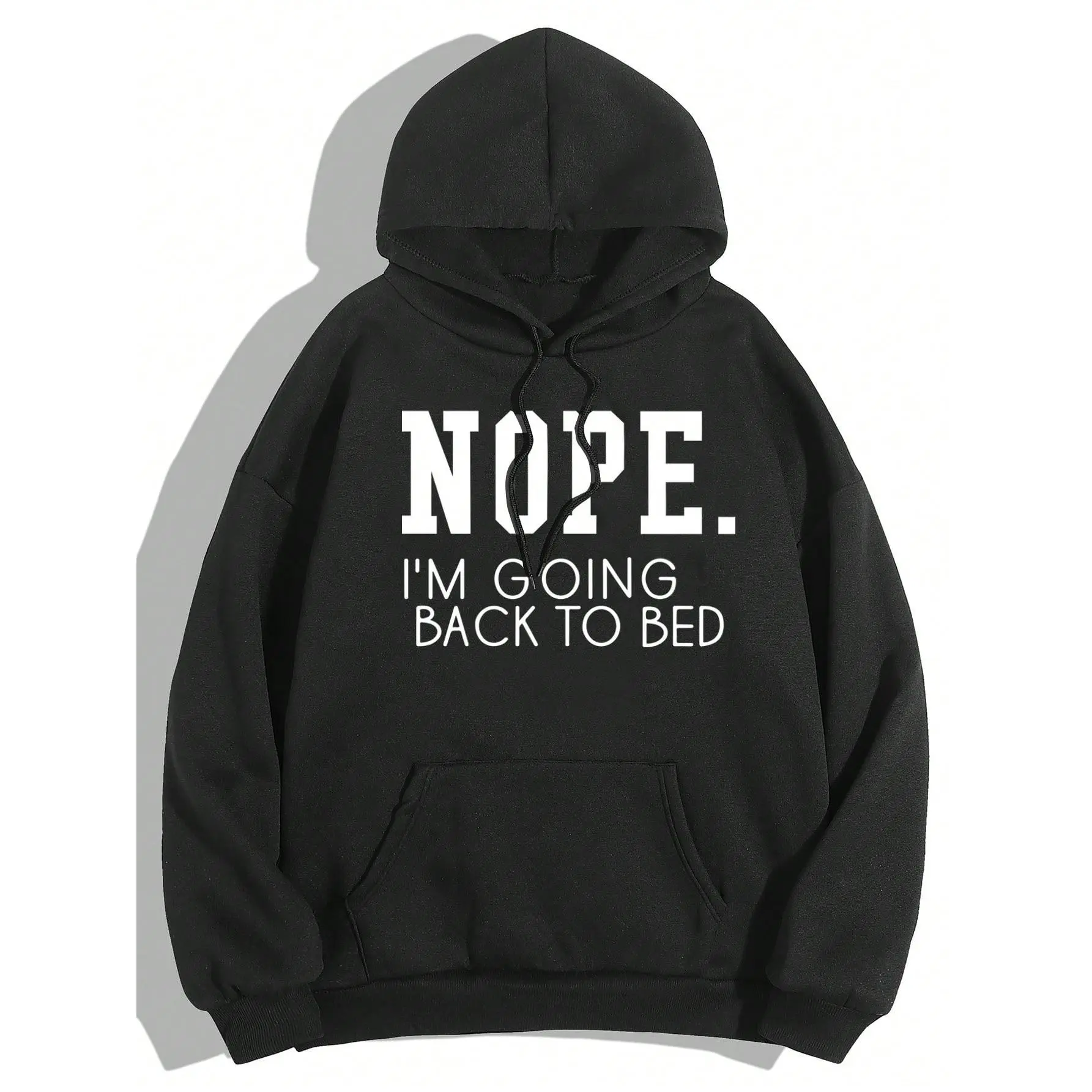 mens Slogan Graphic Kangaroo Pocket Thermal Lined Drawstring Hoodie NOPE I'M GOING BACK TO BED Casual Pullover