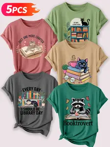 5PCS Book Lover & Cozy Themed Women's Casual Short Sleeve Crew Neck Cotton T-Shirt Set – Bestselling Cute Graphic Print, Multicolor, Machine Washable Spring & Summer Top, Soft Skin-Friendly Fabric, Daily Versatile, Fashion Design