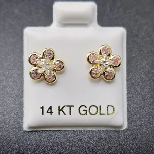 14 KT Gold Earrings for Everyday Wear - Flower Design with Pink and White Stones