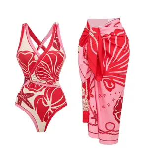 FLAXMAKER Women's  Pink Contrasting Color With Seashell Print One Piece Swimsuit and Matching Sarong Set Swimdress Bathing Suit Stylish Beachwear#new swimwear vacation swimwear for women#Summervibes #Summervibes outdoorfun #SwimWeek