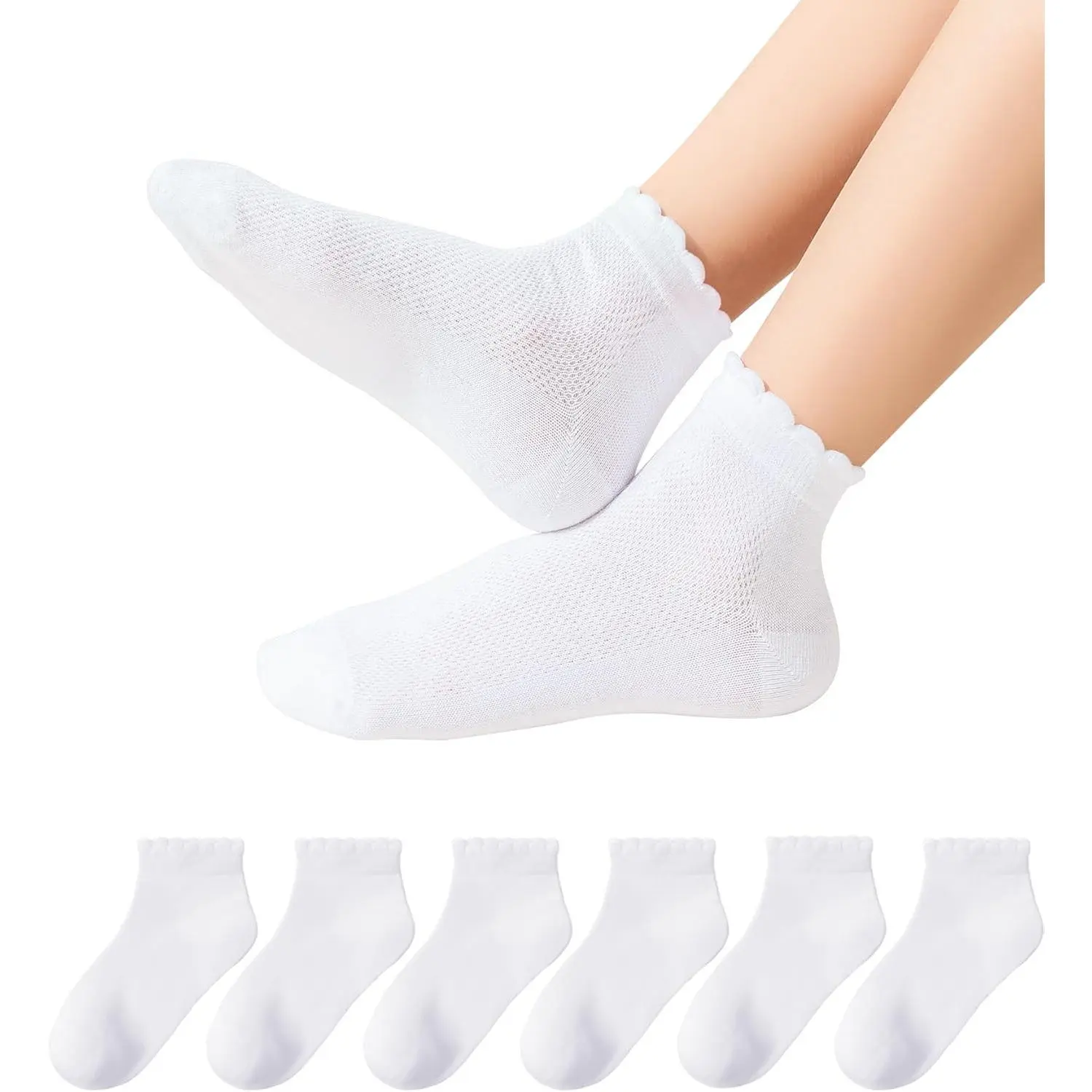 Girls' 6 Pack White Ruffle Socks, Cute Cotton Crew Dress Socks for School Uniform, Breathable for Kids 4-12 Years, 4 To 12 Years, All Seasons, Breathable Softness, Calf High, Class Days
