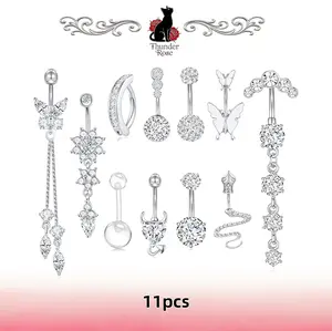 11Pcs Shiny Cubic Zirconia Crystal Belly Button Rings, Stainless Steel Dangle Navel Piercing Jewelry with Butterfly & Snake Designs for Women, Daily Wear Piercing Accessories