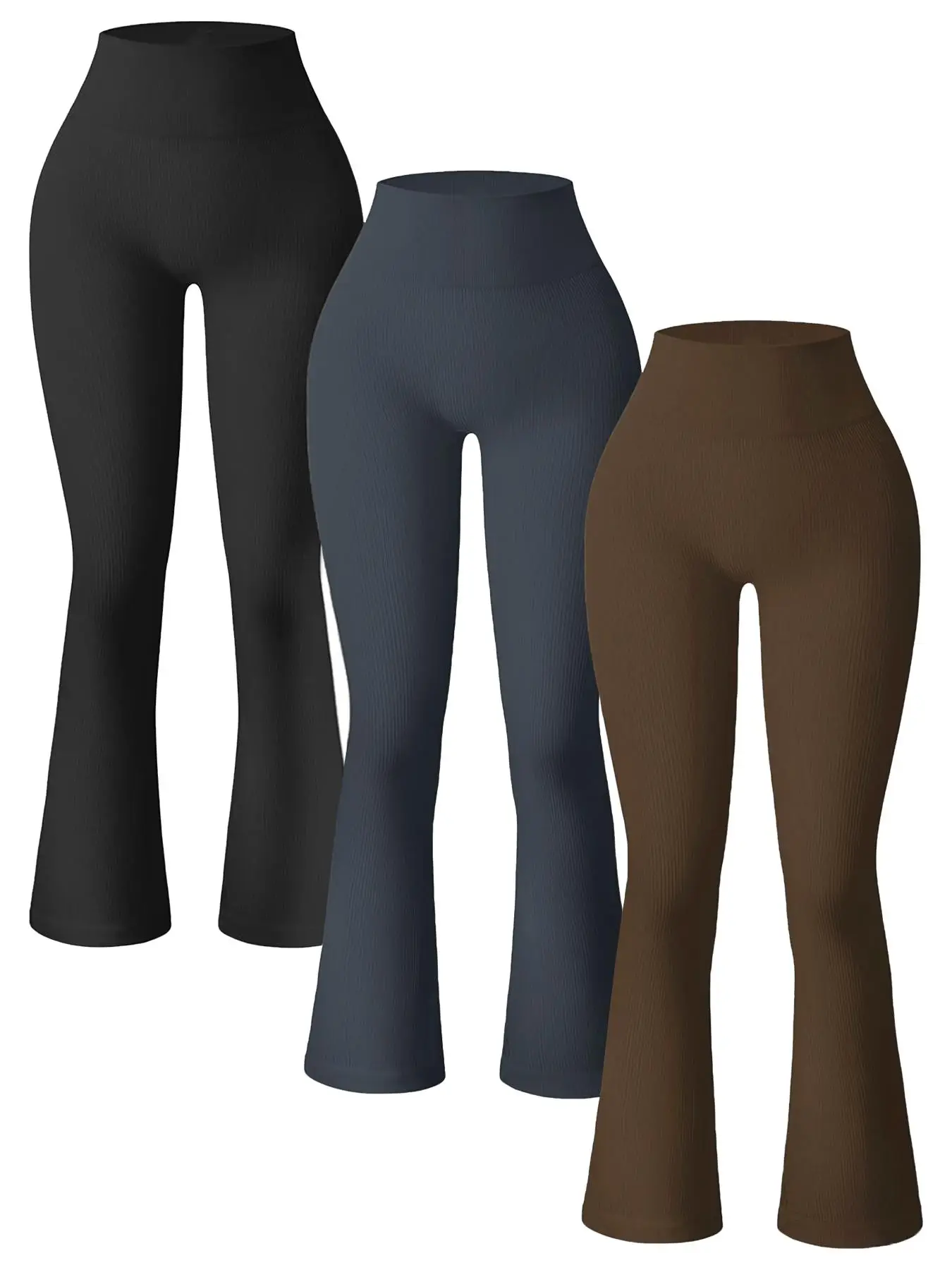 Sporty Women's 3pcs Solid Color High Waist Flare Leg Sports Leggings, High Stretch Seamless Bell Bottom Tight-Fitting Yoga Leggings, Ladies Sportswear