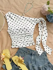 Women's Summer Fashion Tight-Fitting Elastic Polka Dot Cross-Neck Tie-Up Top, Trendy Casual Daily Wear Tee Shirt