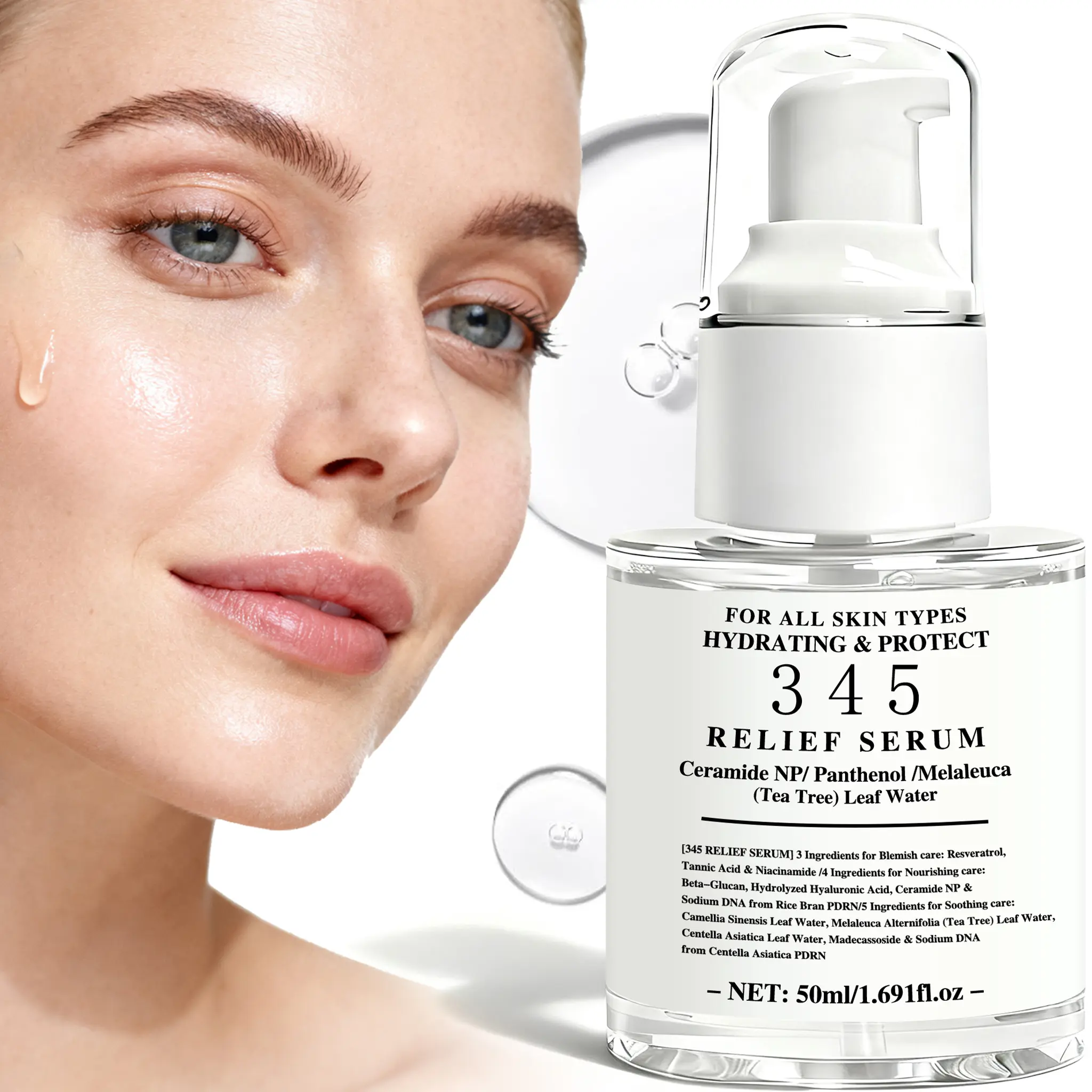 345 Relief Serum with Tea Tree, Niacinamide, Ceramide NP & Hyaluronic, Daily Gentle Nourishing - Soothes Acne & Redness - Blemish Prone Skin & Improves Uneven Tone - Hydrates & Refines Texture - 50ml