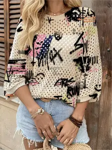 Spring and Summer Collection: Round-neck open-front loose batwing shoulder sleeve pullover, color-block text-printed women's knit top, beachy style, casual and elegant for work, women's tank top, bikini top, bohemian beach-style seaside pullover