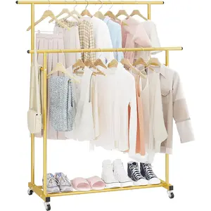 Double Rod Rolling Portable Clothing Garment Rack for Bedroom Living Room Clothing Store Gold Laundry Hanger
