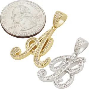 925 Sterling Silver 14k Gold Vermeil AAA Cubic Zirconia Cursive Initial Pendant