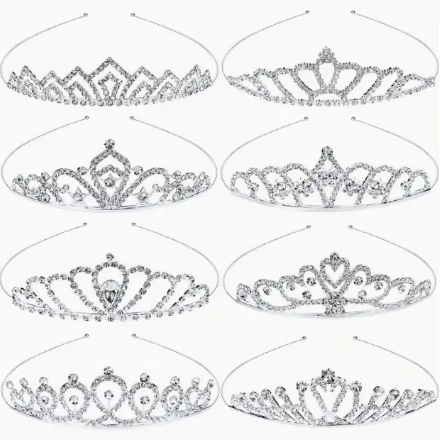 Set of 8 Decorative Tiaras Adorned with Sparkling Rhinestones, Crafted from Silvery Metal, Perfect for Weddings, Birthday Celebrations, Proms, And Suitable for Brides, Bridesmaids, Women, And Teenagers