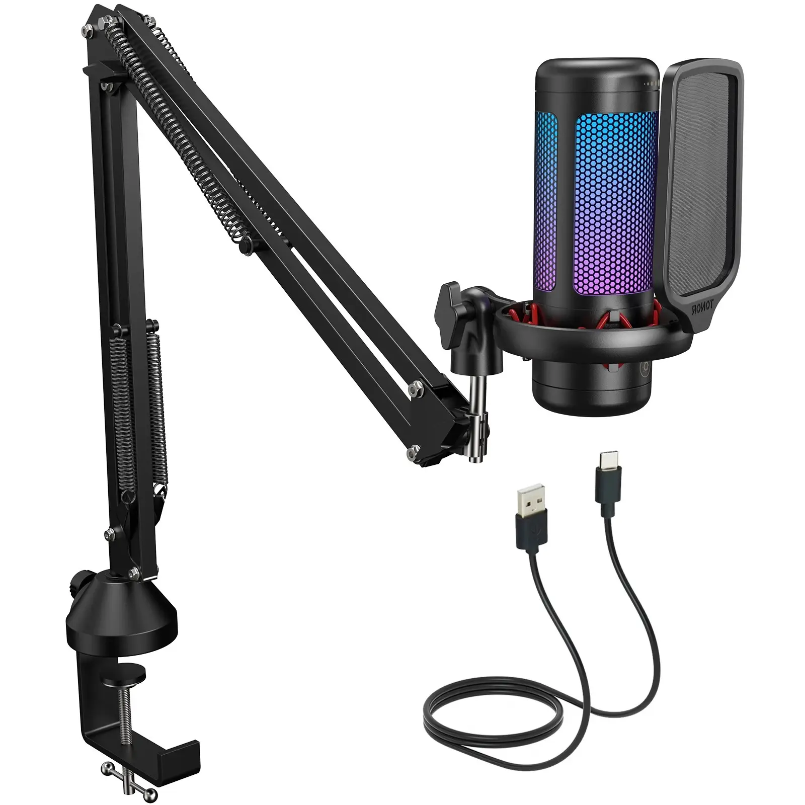 TONOR TC310 Cardioid Condenser USB Microphone, Adjustable RGB Lighting, for Gaming, Live Streaming, PS4/5, PC Podcast Studio Kit Cable