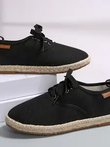 Women's Simple Linen Woven Breathable Fisherman Shoes, Lace-Up Flat Casual Beach Sandals, All Seasons Textile Footwear