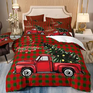 Christmas Tree & Truck Pattern Duvet Cover Set without Filler, 3 Counts/set Including 1 Duvet Cover & 2 Pillowcases, Soft Comfortable Bedding Set for Home Bedroom