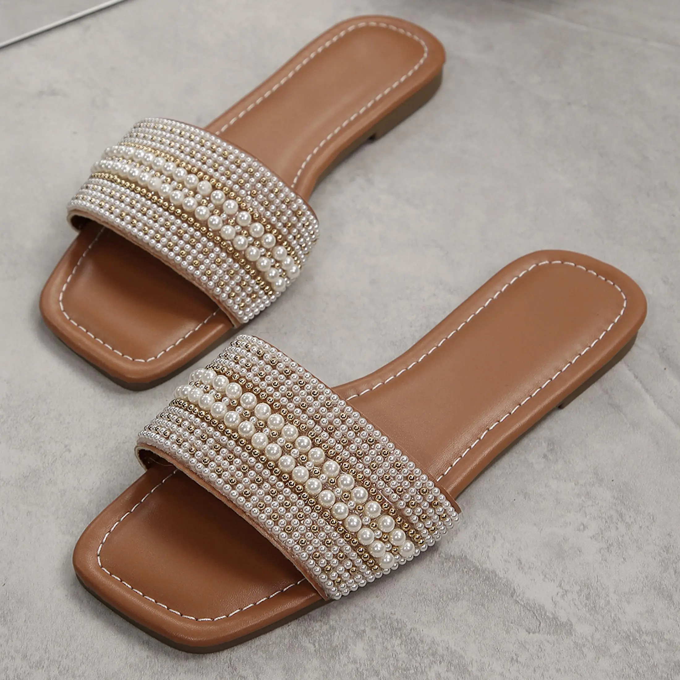 Women's Pearl Dressy Sandals Square Open Toe Slip on Sandals Casual Wedding Slides Shoes Beach Vacation Slippers