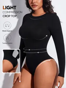 Women's Ribbed Long Sleeve Bodysuit, Light Compression Crew Neck, Tummy Control Shaper Top, Thong Bottom, Breast Support