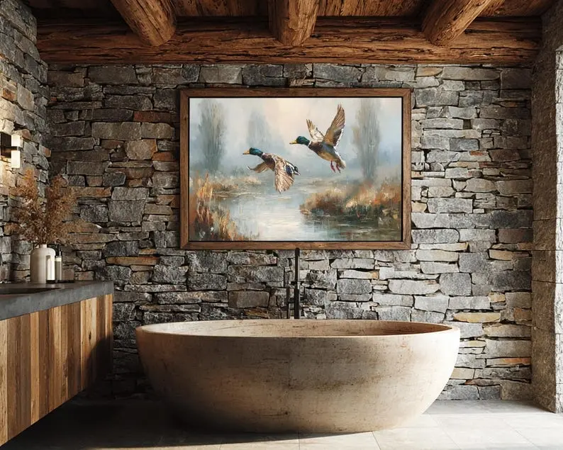 Vintage Hunting Flying Ducks Poster, Retro Waterfowl Lake Scene Wall Art, Rustic Farmhouse & Cabin Bathroom Decor, Gift For Hunter