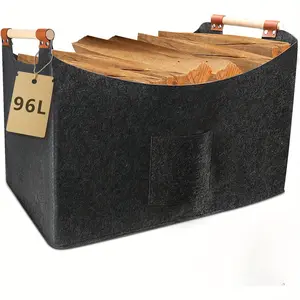 Large XXL Firewood Basket - Heavy-Duty Foldable Firewood Storage Box with Reinforced and Sturdy Wooden Handles, 96L Capacity (60x40x40cm) - Dark Gray, Collapsible Storage Baskets, Fireplace, Firewood Carrier, Fireplace Accessories, Fireplace Enthusiasts