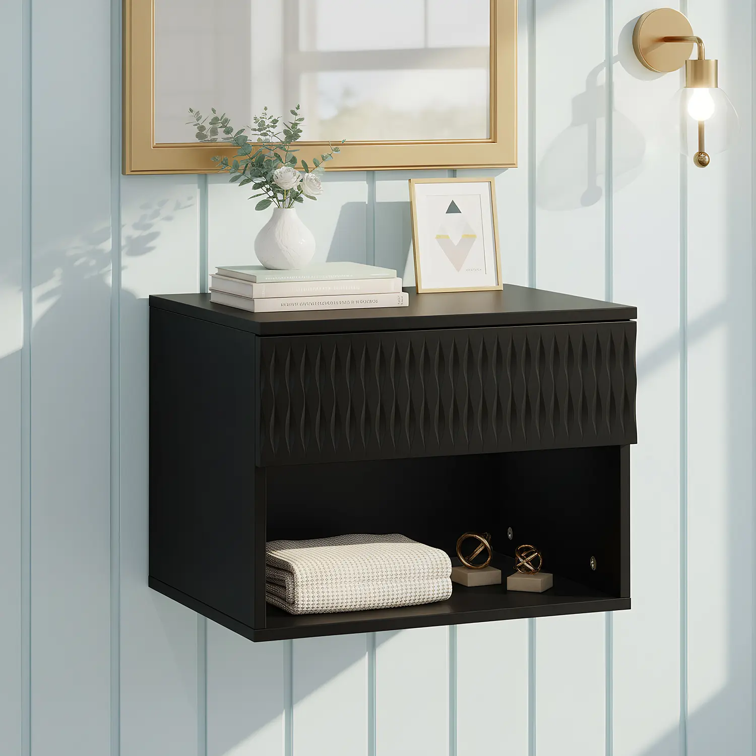 Spaco Black 2-Pcs Wall-Mounted Floating Nightstands - 2-in-1 Contemporary Exquisite Textured Drawer Front Bedside Tables for Small Spaces, Home Office, Room Decor, 6lbs (Drawer), 30lbs (Top), 15.75in(L)×12.6in(W)×11.81in(H)