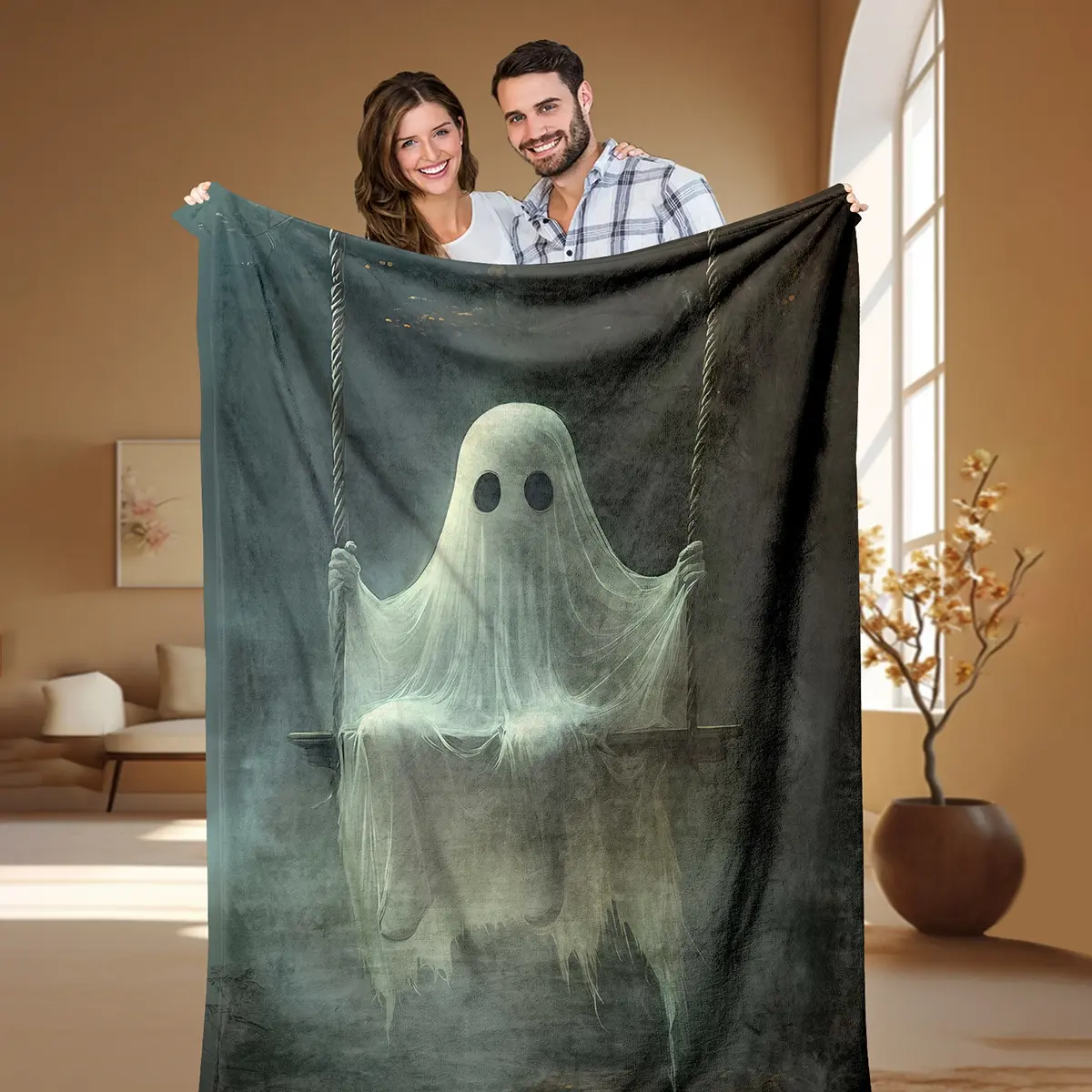 Ghost Swing Print Blanket, Modern Style Soft Comfortable Throw, Travel Sofa Bed Blanket, Office Home Decor, Halloween Gift, Unisex