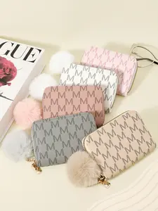 New Women's Minimalist Wallet, Featuring a Stylish Pom pom Accent, Zipper Portable Short Bag, Minimalist Bifold Wallet