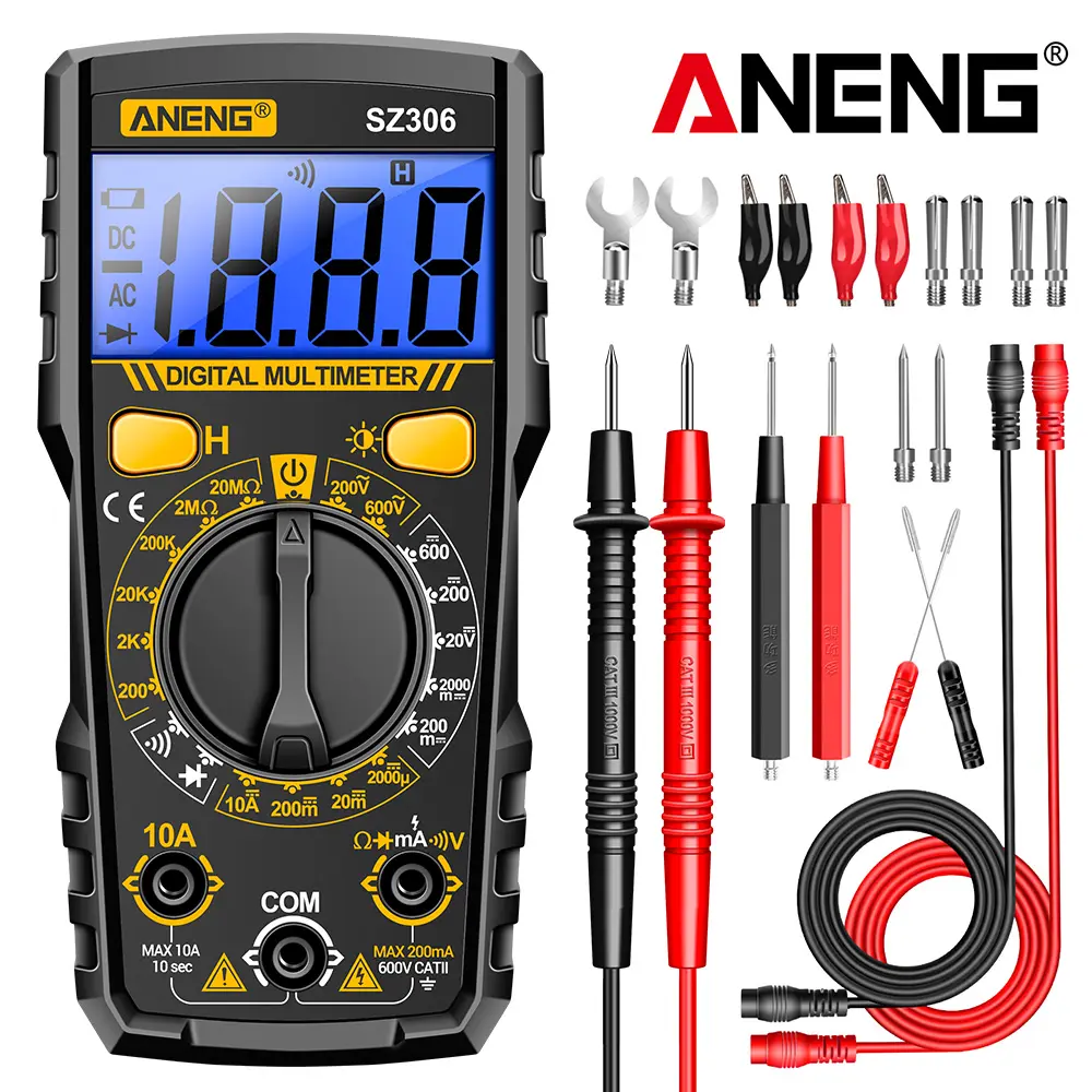 ANENG Digital Multimeter with Case & Support Frame, 1999-Count Backlight LCD DC/AC Voltmeter Ohm Volt Amp Meter, ABS Plastic Non-Contact Voltage Tester with Beep Continuity, Diode Test, Flashlight, 250mA Fuse Guard for Automotive Testing