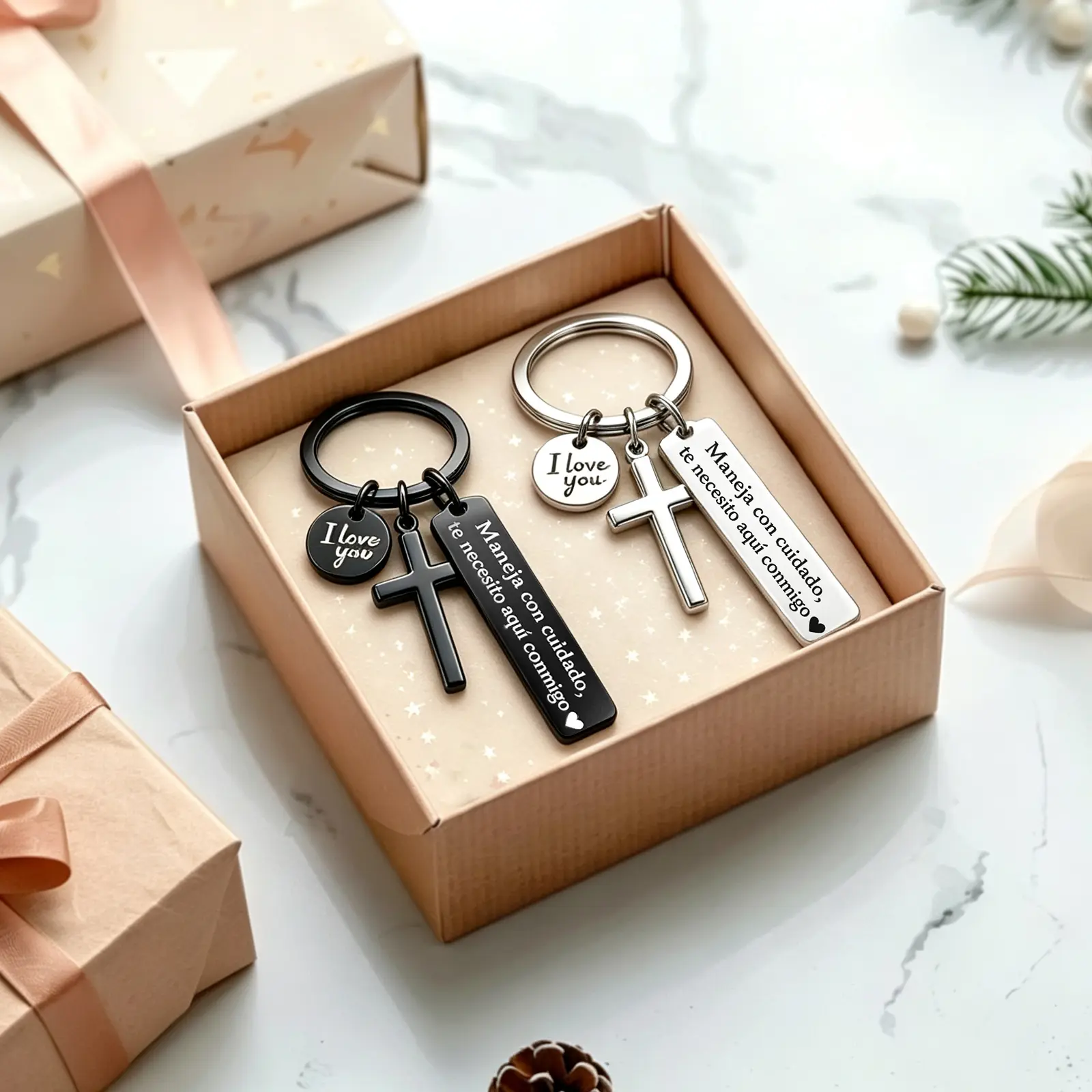 Stainless Steel Spanish Drive Safe Keychain with Cross, "I Love You" Charm "Maneja Con Cuidado Te Necesito Aquí Conmigo" Message, Romantic Religious Gift for Him (Father's Day, Boyfriend Birthday, Anniversary) & GF Gift,back to school,back to school haul