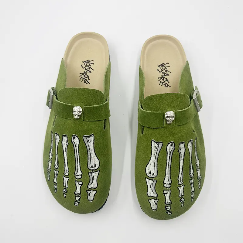Meckmanly Men's Edgy Green Suede Round Toe Slip-On Clogs - Basic Casual Shoes, Skeleton Foot & Skull Details, Leather Rubber-Cloth Punk Gothic Mules for Concerts, Y2K Streetwear