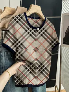 Geometric Stripe Colorblock Print Round Neck Sweater, Casual Short Sleeve Knitwear for Spring Summer Fall, Comfortable Warm Women's Clothing
