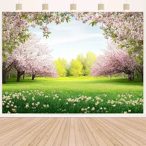 2D Flat, 1pc Spring Cherry Blossom & Daffodil Backdrop with Sturdy Tripod Stand - Vibrant Large Floral Wall Decoration for Weddings, Birthdays, Easter, Spring Parties - Lightweight & Durable Cherry Blossom Tree Background with Green Grass & Pink