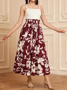 Women's Floral Print Midi Skirt, Elastic Waist Stretchy Faux Drawstring Design, Elegant Versatile Knee-Length Half-Sleeve Dress, Spring Summer Casual Outdoor Wear Bottom Boho Bohemian
