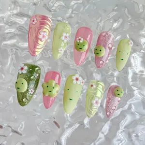 Smiski Character Almond Press On Nails || Handmade Reusable || 3D Smiski Design || Pastel Pink Green || Kawaii Nail Set