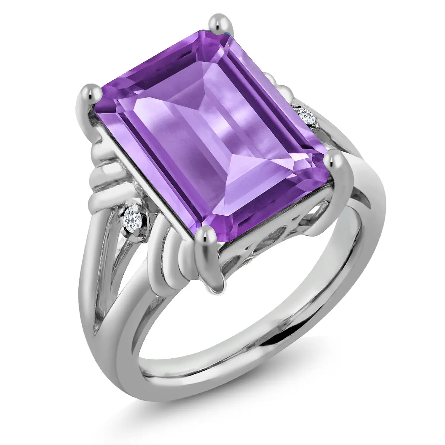 6-10 Cttw Gemstone Birthstone and White Topaz Ring For Women | 925 Sterling Silver | Emerald Cut 14X10MM | Wedding Anniversary Engagement Ring