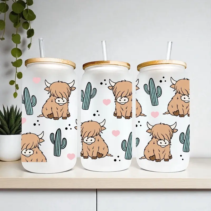 16oz Frosted Highland Cow & Cactus Glass Cup - Stylish Drinkware with Adorable Cow Design, Cactus Motifs - Ideal for Mother's Day, Birthdays, Celebrations