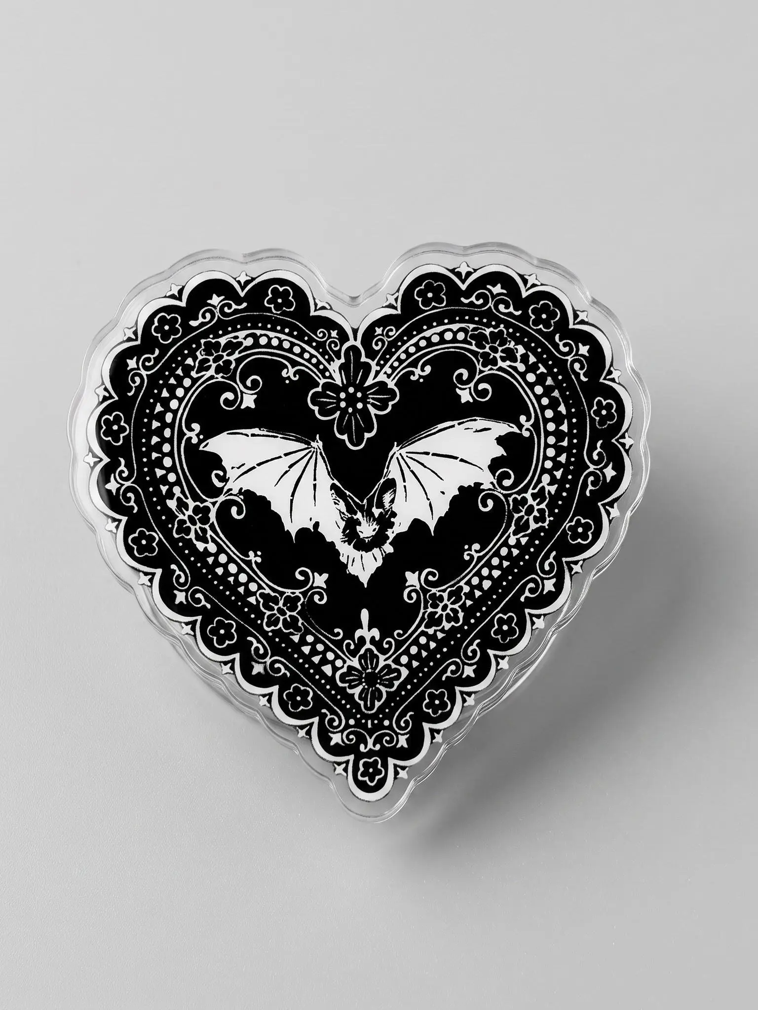 Gothic Bat Heart Phone Grip, Black White Gothic Magnetic Kindle Grip, Ornate Floral Heart Design, Dark Romantic Y2K Phone Holder, Halloween Gift