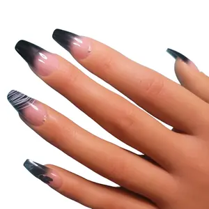 Nail Art 24pcs short square black french tip nail with decorative design for any occasion
