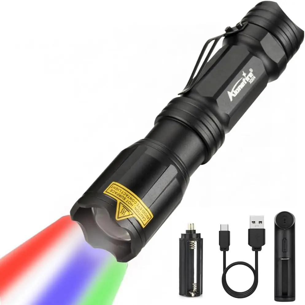 X004 Multicolor Flashlight Red Light Green Light USB Rechargeable Blue Light Flashlight RGB Color Changing Waterproof with Battery, Charger for Night Obrvation Astronomy Aviation Tracking