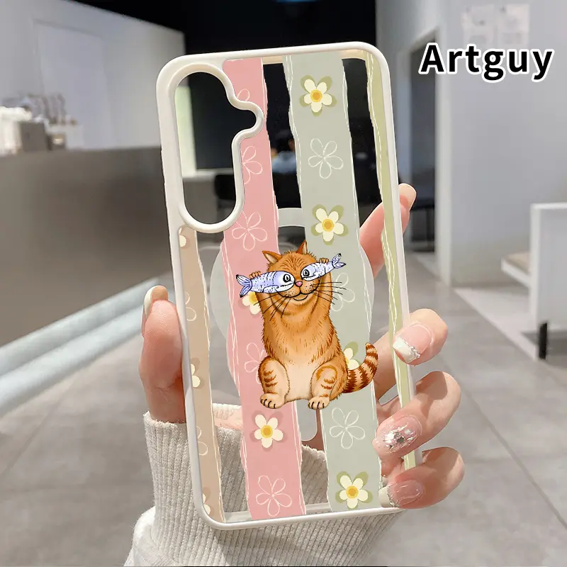 Magnetic Phone Case Compatible with Samsung Galaxy S24 Plus S25 S23 FE S22 Ultra S22+ Cat with Fishy Fun Acrylic Back Matte TPU Edges Full Body Coverage Ultra Slim Back Cover Gift for Boy