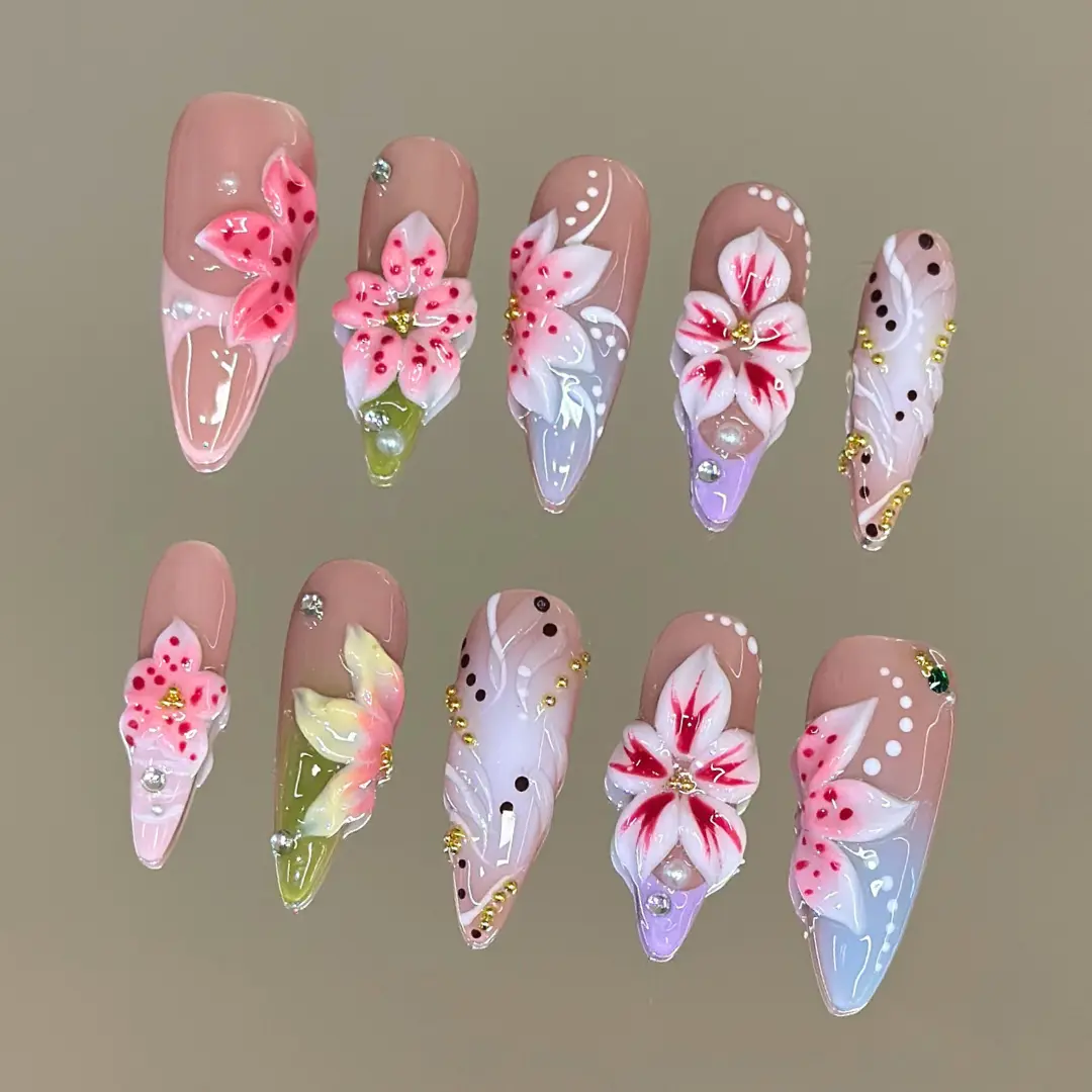 NailVesta FLORAL GARDEN – 100% Handcrafted 3D Press-On Nails | Reusable, Long-Lasting, Salon-Quality
